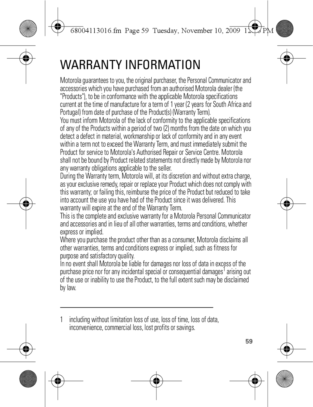 Motorola 68004113016 manual Warranty Information, Fm Page 59 Tuesday, November 10 