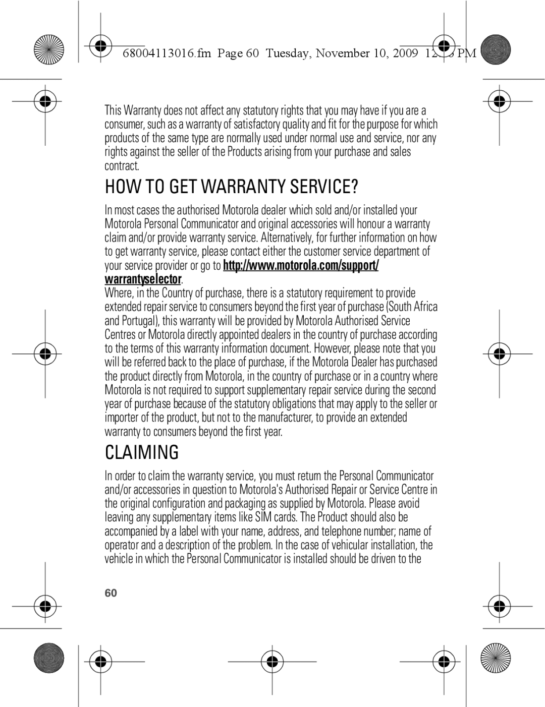 Motorola 68004113016 manual HOW to GET Warranty SERVICE?, Fm Page 60 Tuesday, November 10 