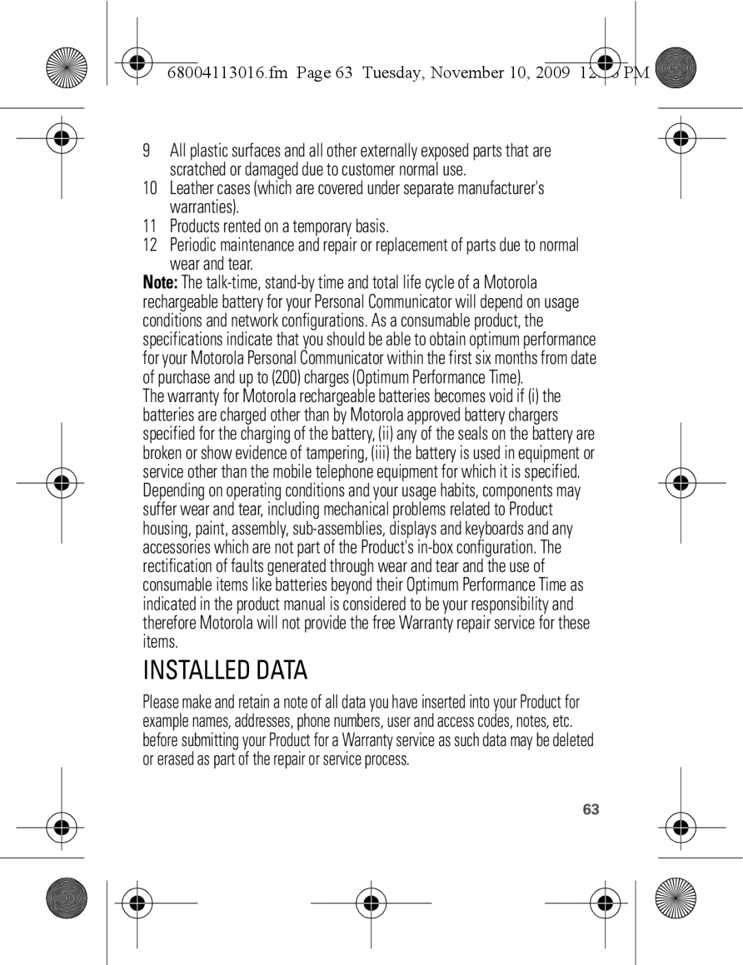 Motorola 68004113016 manual Installed Data, Fm Page 63 Tuesday, November 10 