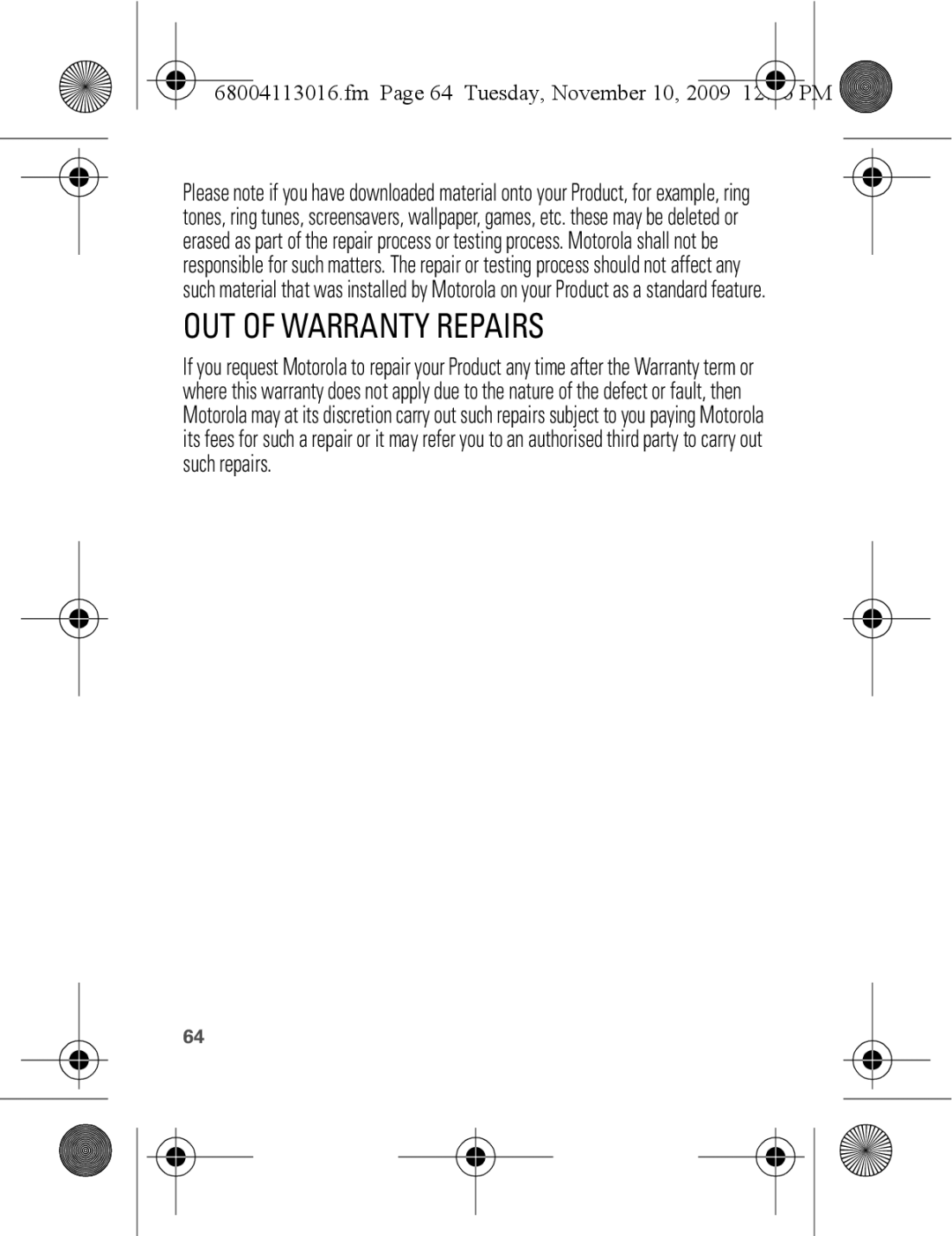 Motorola 68004113016 manual OUT of Warranty Repairs, Fm Page 64 Tuesday, November 10 