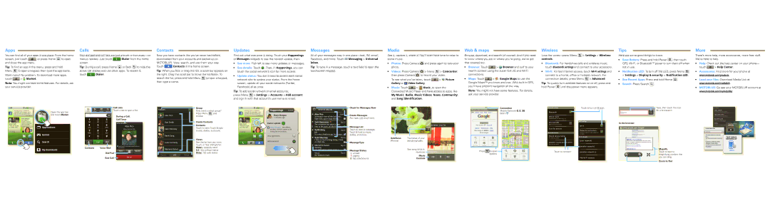 Motorola 68014006001-A manual Apps, Calls, Contacts, Updates, Messages, Media, Web & maps, Wireless, Tips, More 