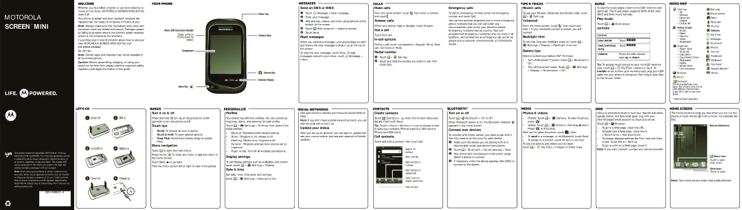 Motorola 68016088001-A warranty Welcome, Your phone, Messages, Calls, Tips & tricks, Music, Menu map, Web, Home screen 