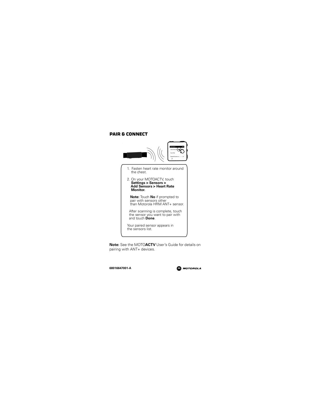 Motorola 68016647001-AM manual Pair & connect, Settings Sensors Add Sensors Heart Rate Monitor 