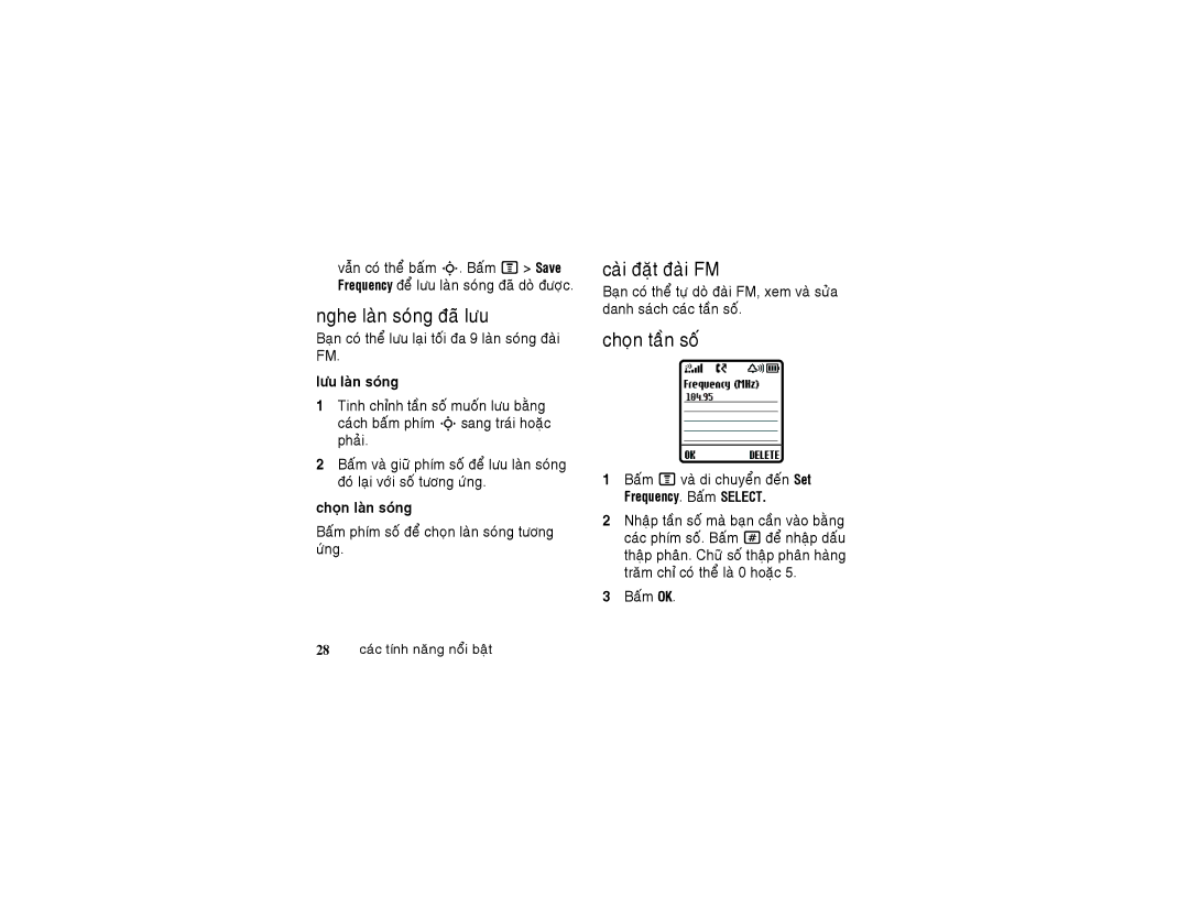 Motorola 6802925J24 manual Nghe laøn soùng ñaõ löu, Caøi ñaët ñaøi FM, Choïn taàn soá, Löu laøn soùng, Choïn laøn soùng 