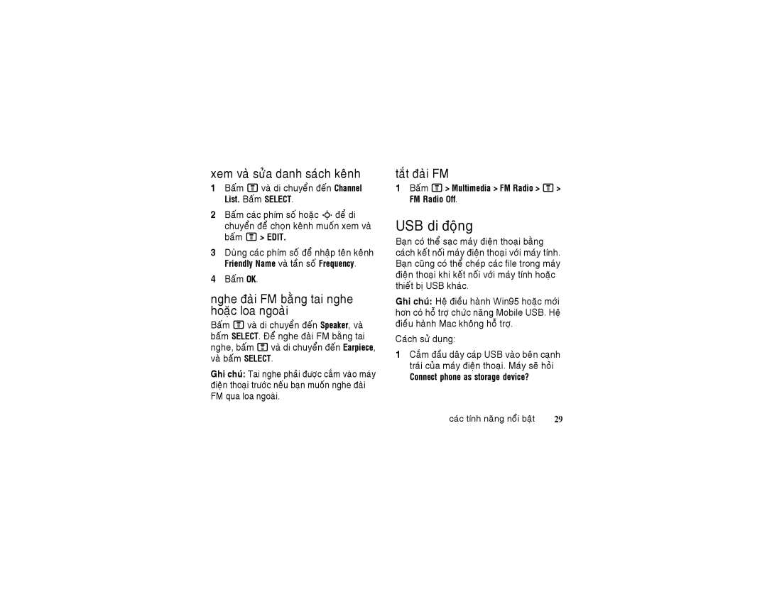 Motorola 6802925J24 manual USB di ñoäng, Xem vaø söûa danh saùch keânh, Nghe ñaøi FM baèng tai nghe hoaëc loa ngoaøi 