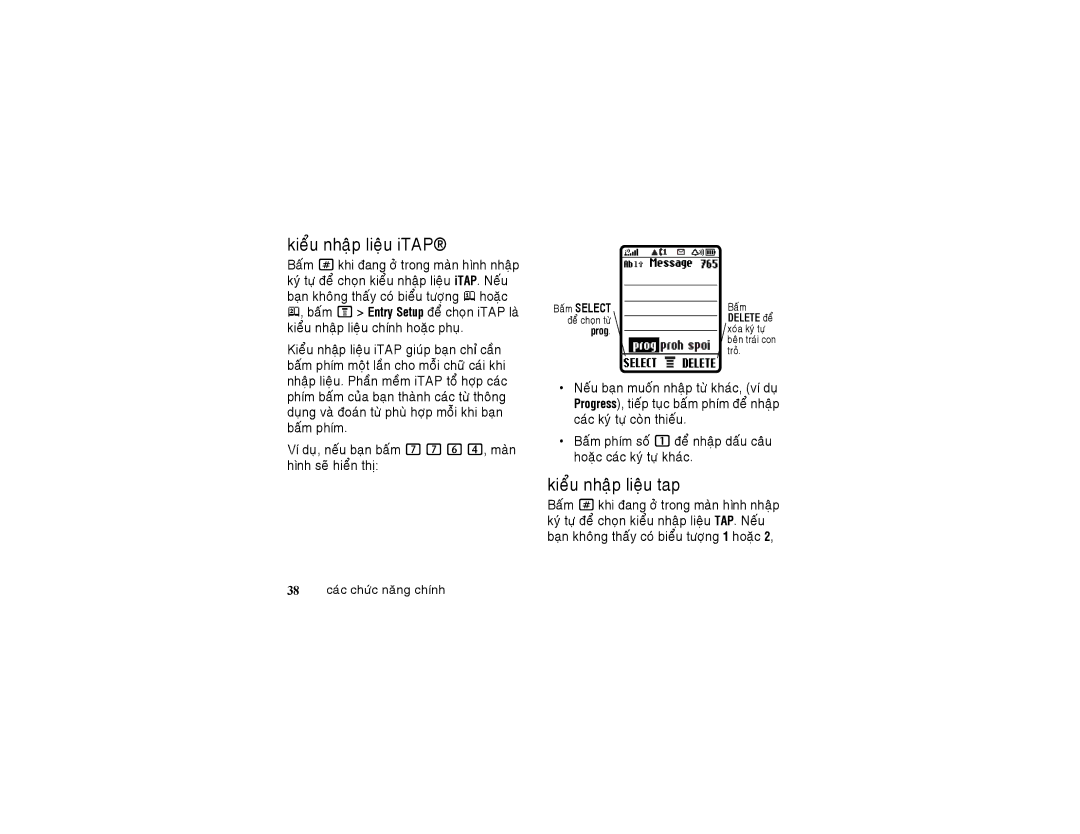 Motorola 6802925J24 manual Kieåu nhaäp lieäu iTAP, Kieåu nhaäp lieäu tap, Prog proh spoi 