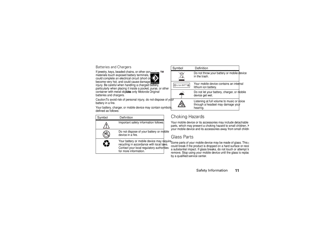 Motorola 6802925J24 manual Choking Hazards, Glass Parts, Batteries and Chargers 