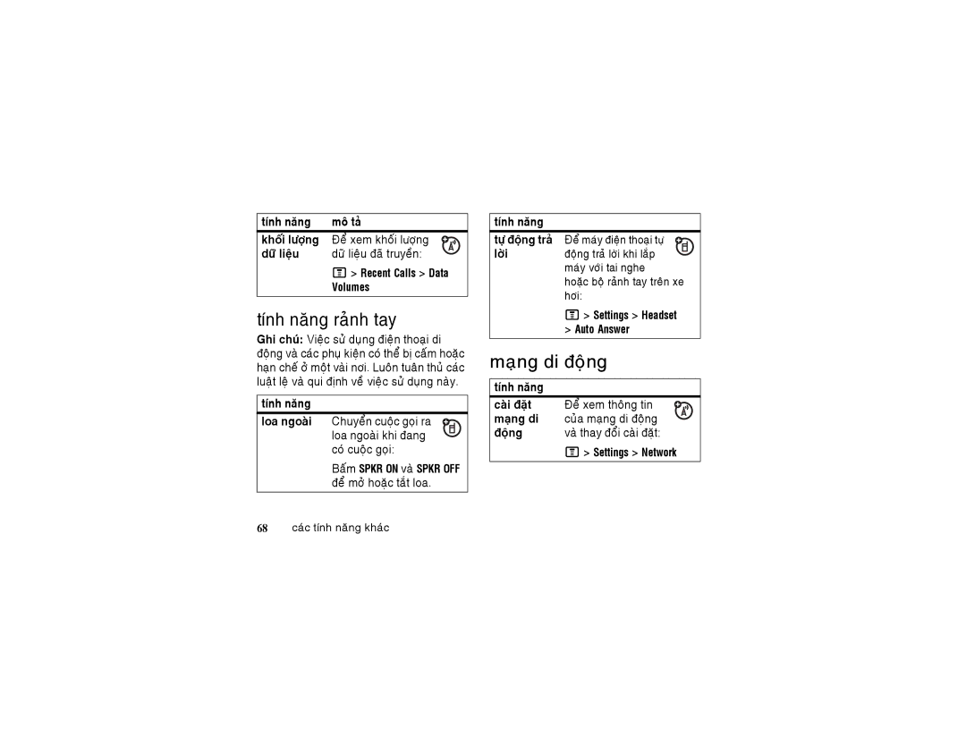 Motorola 6802925J24 Maïng di ñoäng, Tính naêng raûnh tay, 68 caùc tính naêng khaùc, Lôøi, Settings Headset Auto Answer 