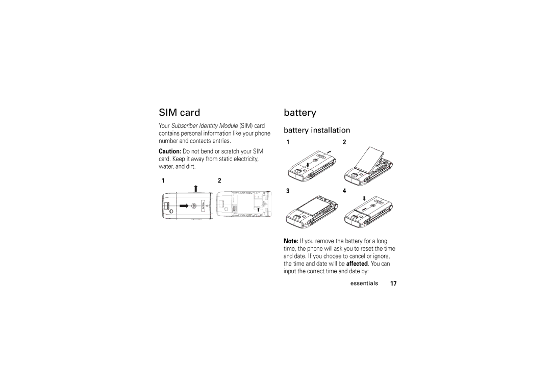 Motorola 6802925J24 manual SIM card, Battery installation 