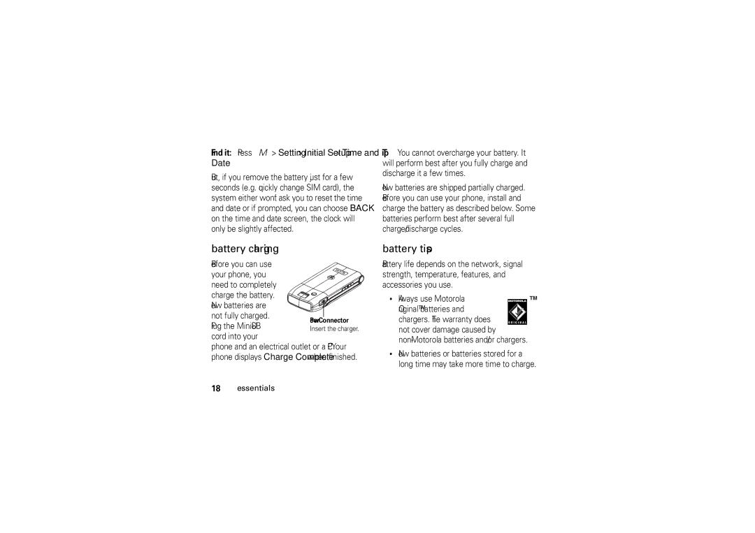 Motorola 6802925J24 Battery charging, Battery tips, Find it Press M Setting Initial Setup Time and Date, Plug the Mini-USB 