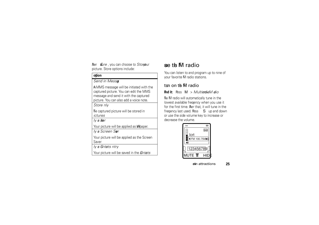 Motorola 6802925J24 manual Use the FM radio, Turn on the FM radio 