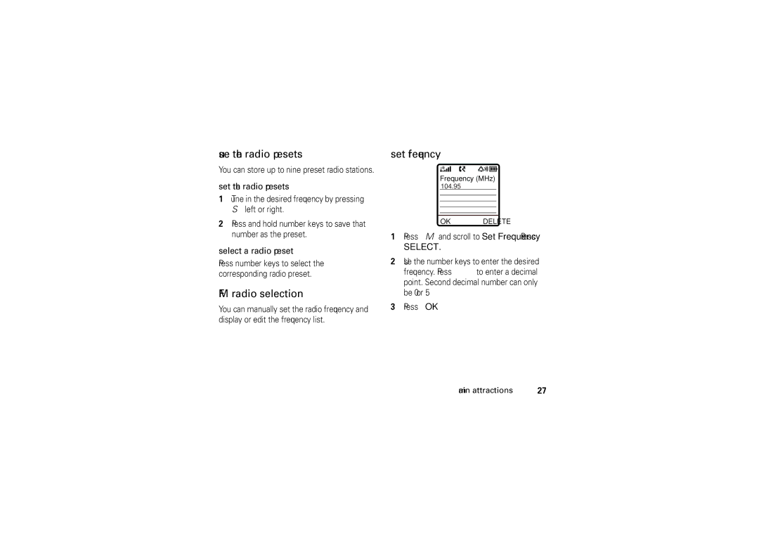 Motorola 6802925J24 Use the radio presets, FM radio selection, Set frequency, Press Mand scroll to Set Frequency. Press 