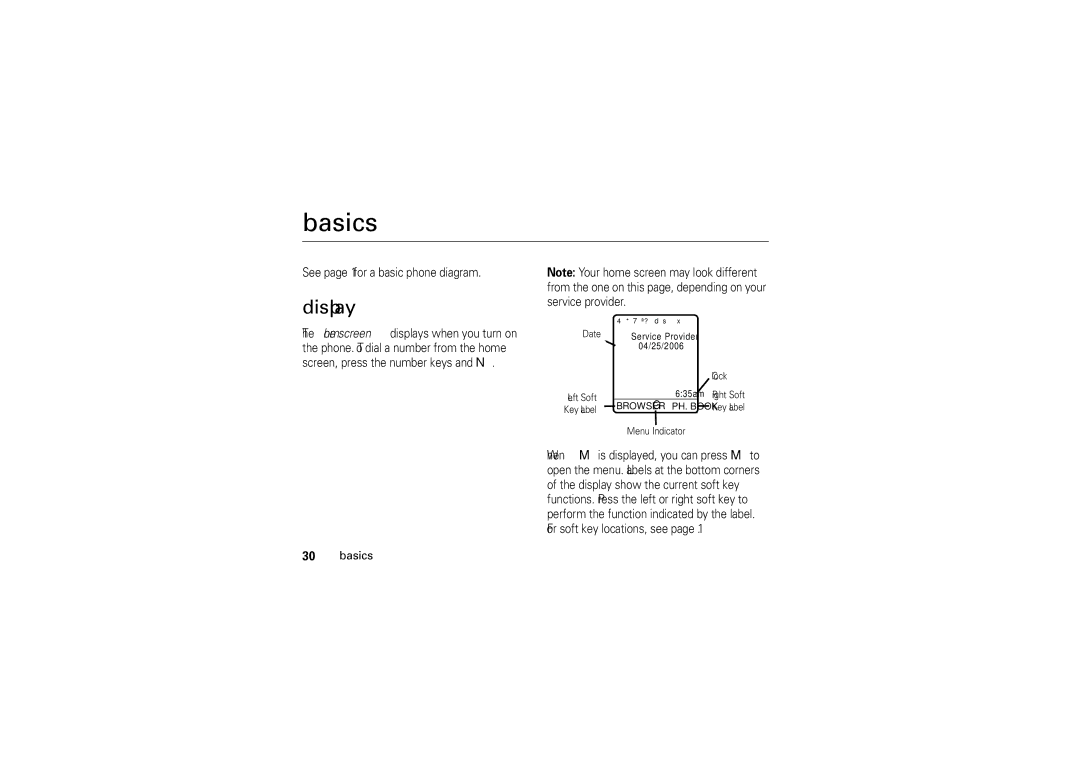 Motorola 6802925J24 manual Basics, Display, See page 1 for a basic phone diagram 