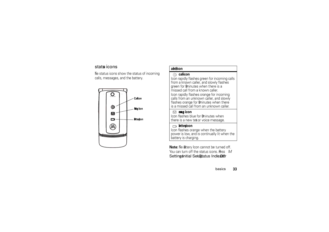 Motorola 6802925J24 manual Status icons, Alert/icon Call icon, Message icon, Battery icon 