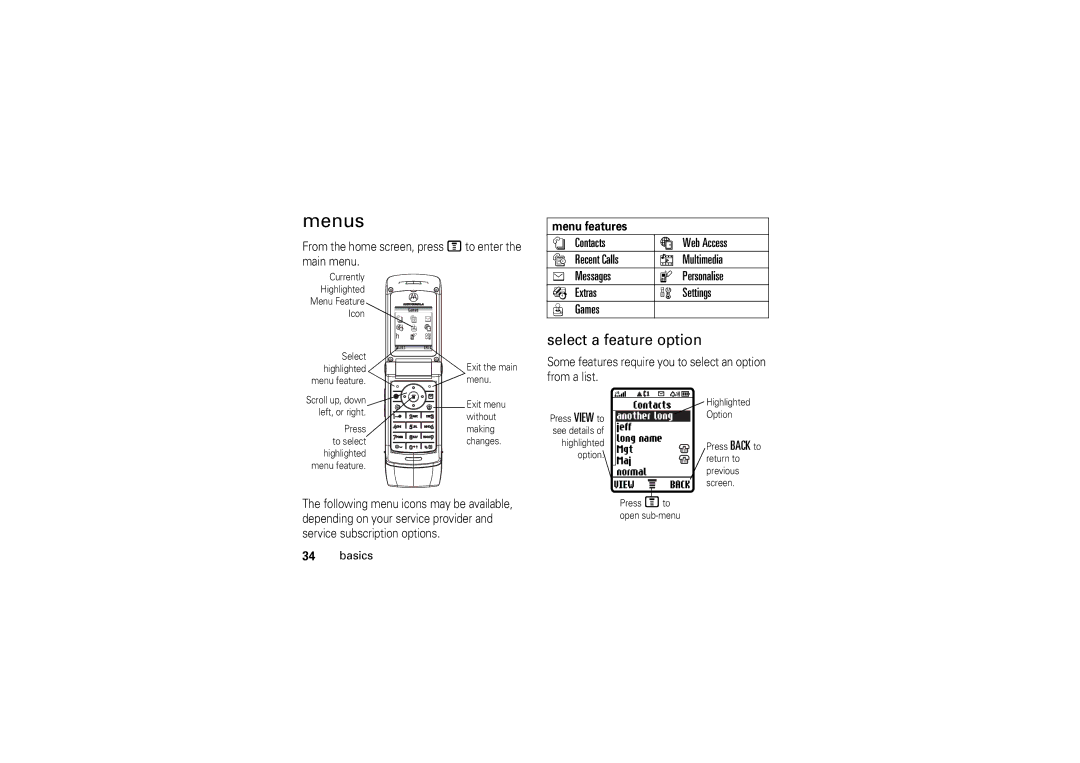 Motorola 6802925J24 manual Menus, Select a feature option, Contacts, Menu features 