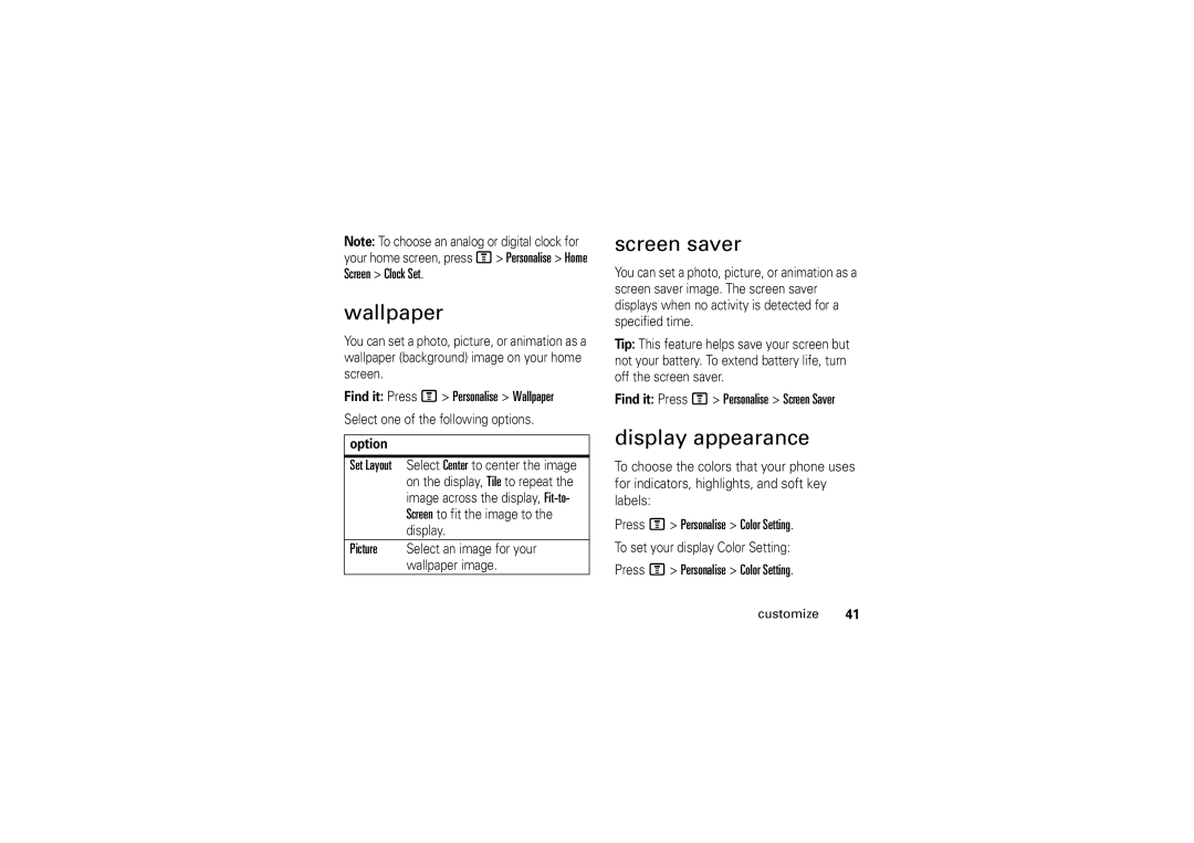 Motorola 6802925J24 manual Wallpaper, Screen saver, Display appearance 