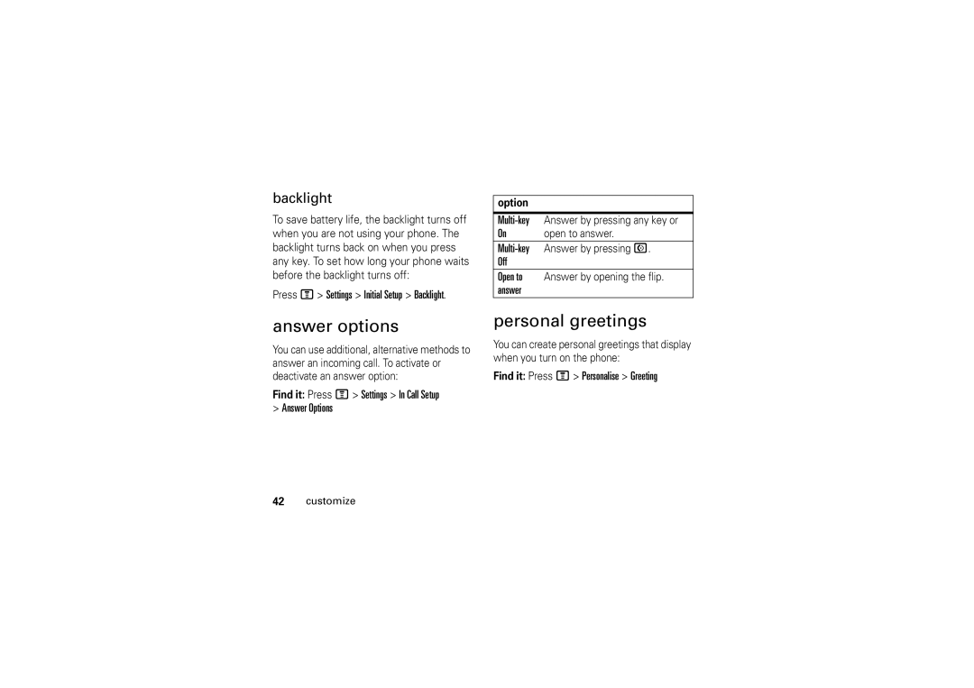 Motorola 6802925J24 manual Answer options, Personal greetings 