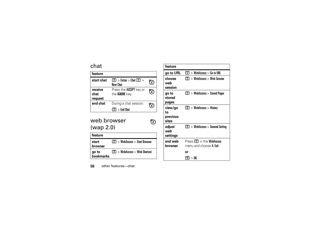 Motorola 6802925J24 manual Web browser wap, Start chat M Extras Chat M New Chat, End Chat 
