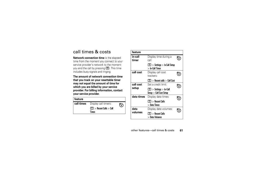 Motorola 6802925J24 manual Call times & costs 