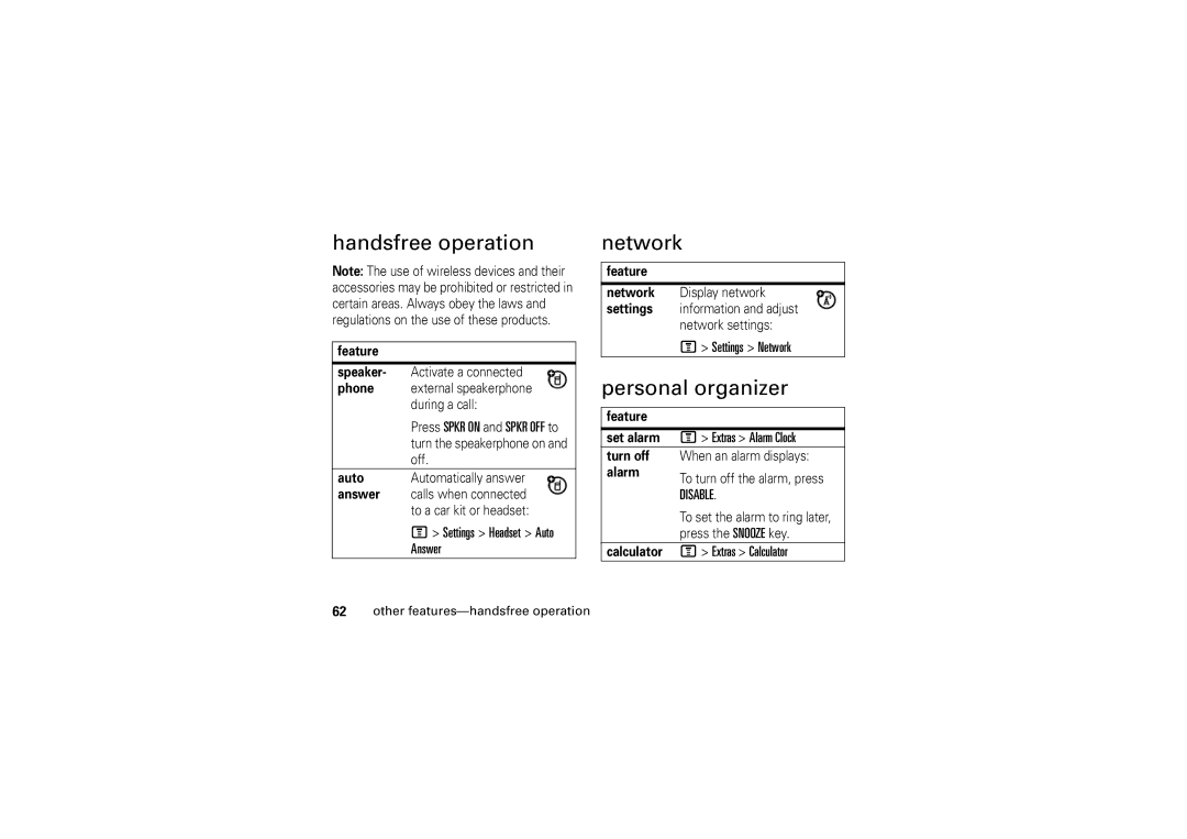 Motorola 6802925J24 manual Handsfree operation, Network, Personal organizer 