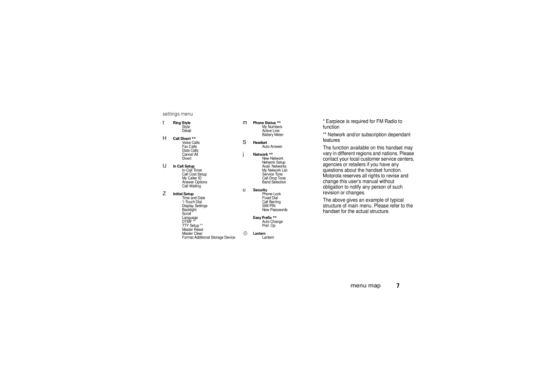 Motorola 6802925J24 manual Settings menu 