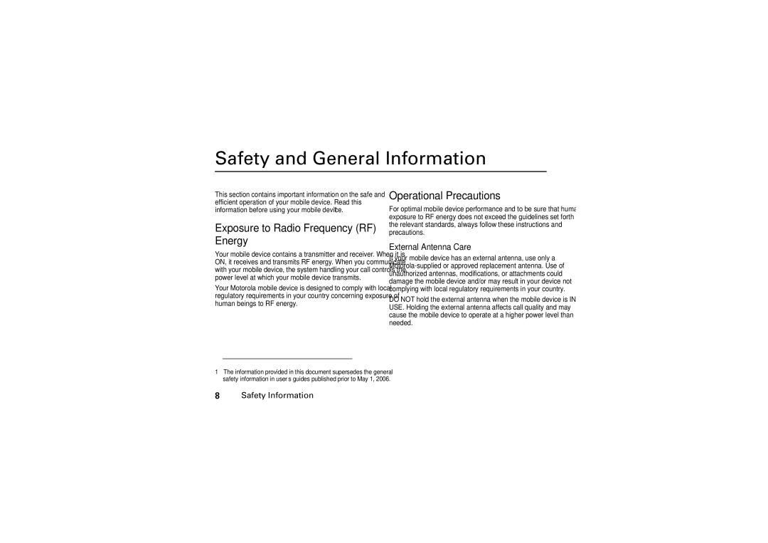 Motorola 6802925J24 manual Safety and General Information, Exposure to Radio Frequency RF Energy, Operational Precautions 