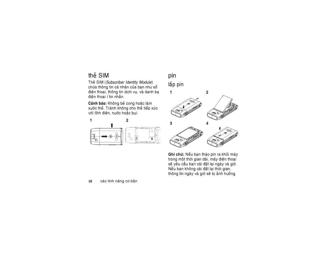 Motorola 6802925J24 manual Theû SIM, Pin, Laép pin, 18 caùc tính naêng cô baûn 