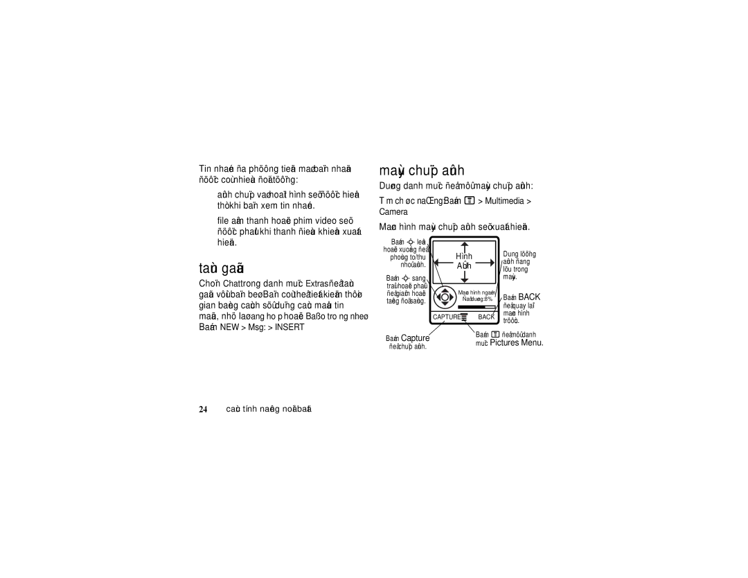 Motorola 6802925J24 manual Taùn gaãu, Maùy chuïp aûnh, Camera 
