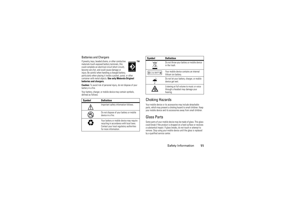 Motorola 6802925J24 manual Choking Hazards, Glass Parts, Symbol Definition, device in a fire, lithium ion battery 