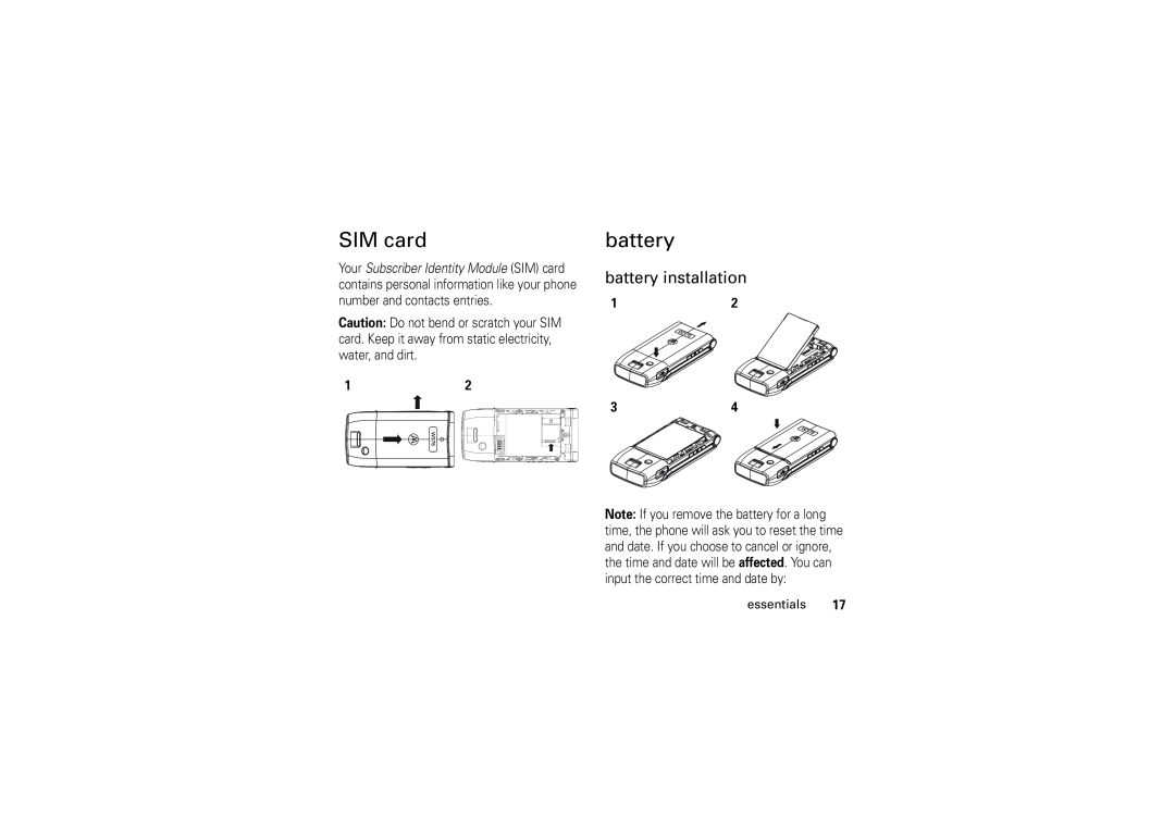 Motorola 6802925J24 manual SIM card, battery installation 