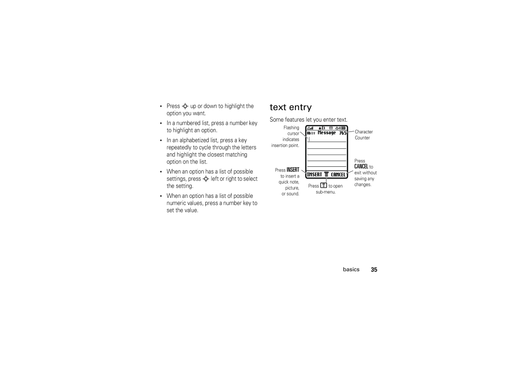 Motorola 6802925J24 manual text entry, Message 765 Character, Insert 