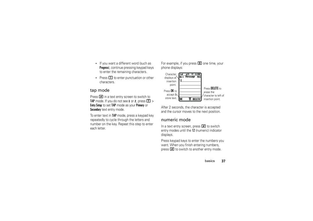 Motorola 6802925J24 manual tap mode, numeric mode, Character, insertion, point, erase the, accept, store text 