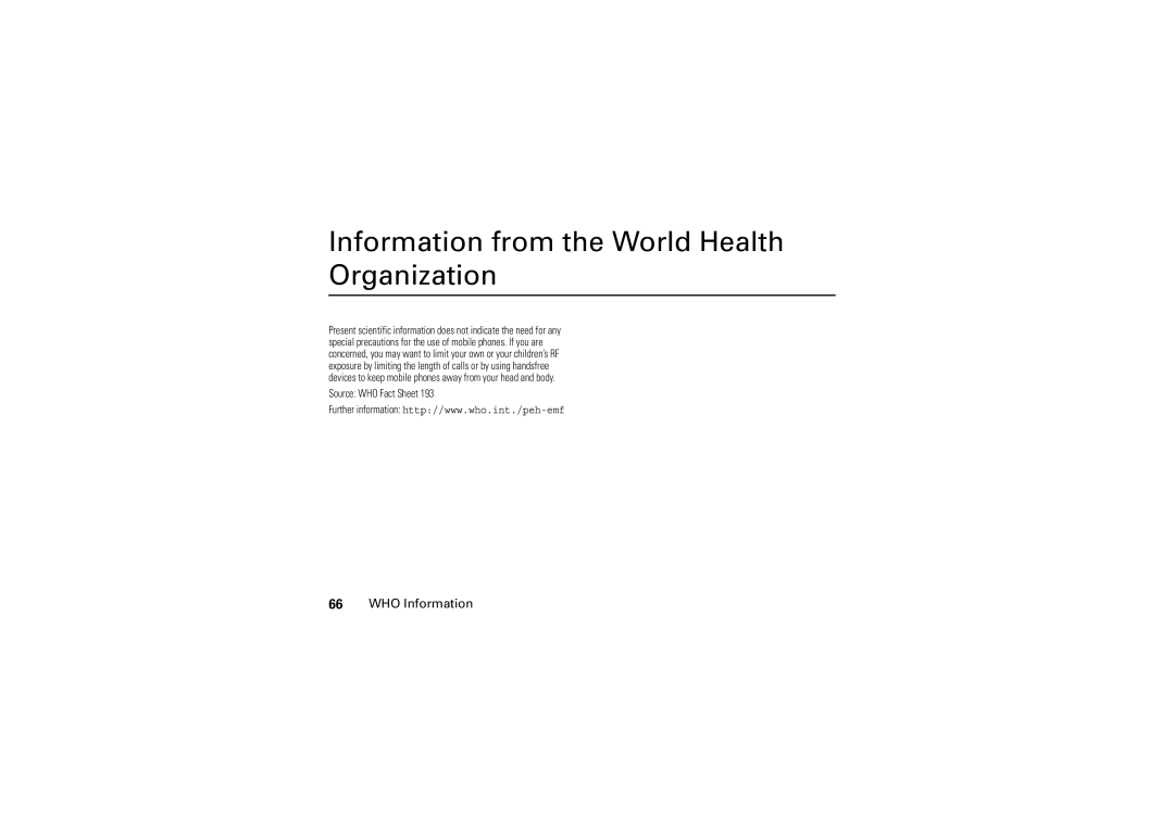Motorola 6802925J24 manual Information from the World Health Organization, WHO Information, Source WHO Fact Sheet 