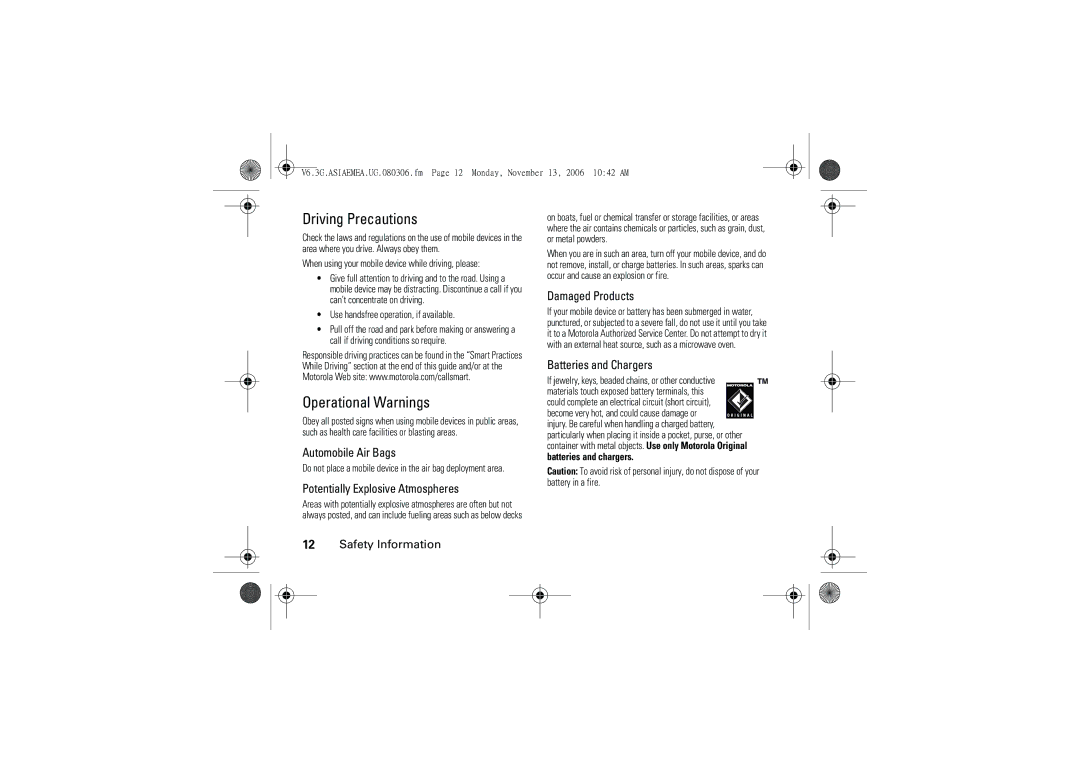 Motorola 6802928J21 user manual Driving Precautions, Operational Warnings 