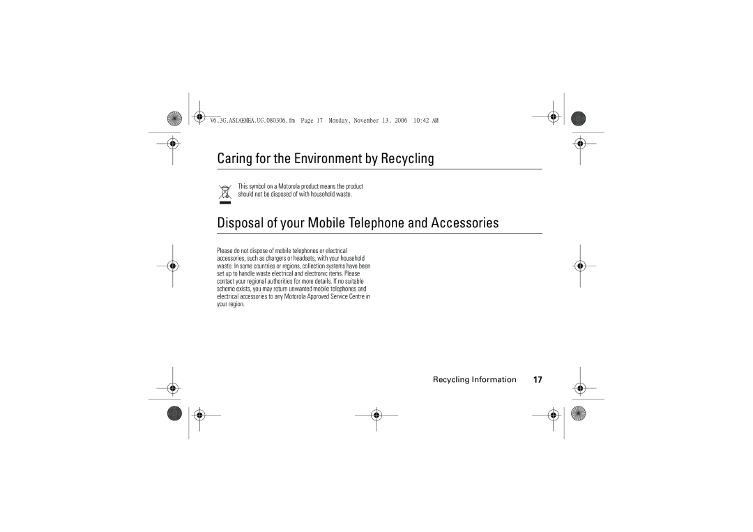 Motorola 6802928J21 user manual Caring for the Environment by Recycling, Disposal of your Mobile Telephone and Accessories 