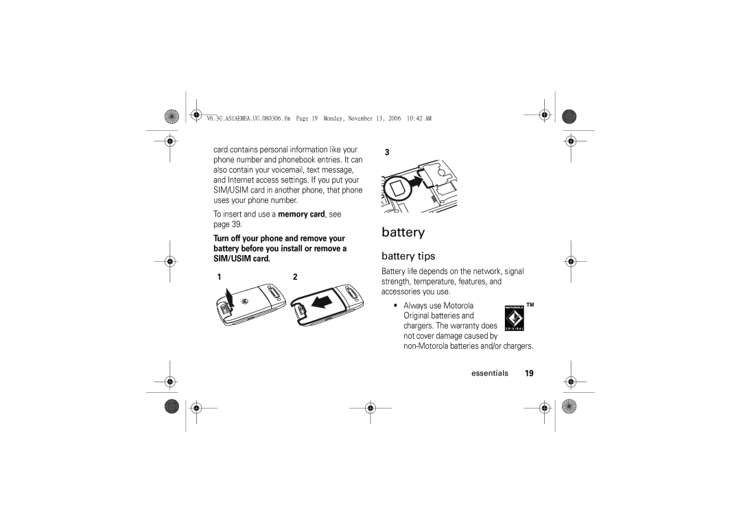 Motorola 6802928J21 user manual Battery tips 