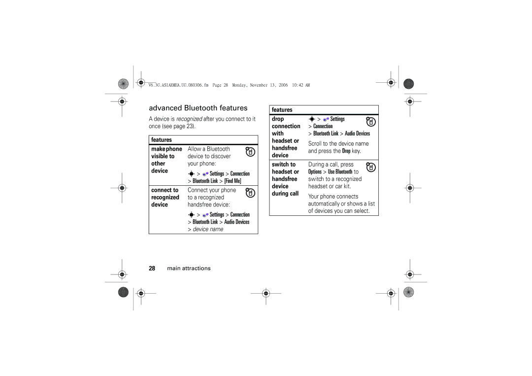 Motorola 6802928J21 user manual Advanced Bluetooth features, Settings Connection 