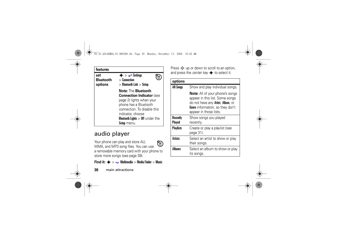 Motorola 6802928J21 user manual Audio player, Bluetooth Lights Off under Setup menu 