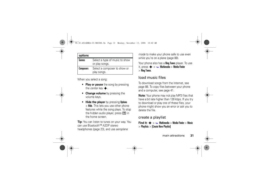 Motorola 6802928J21 user manual Load music files, Create a playlist, Ring Tones 