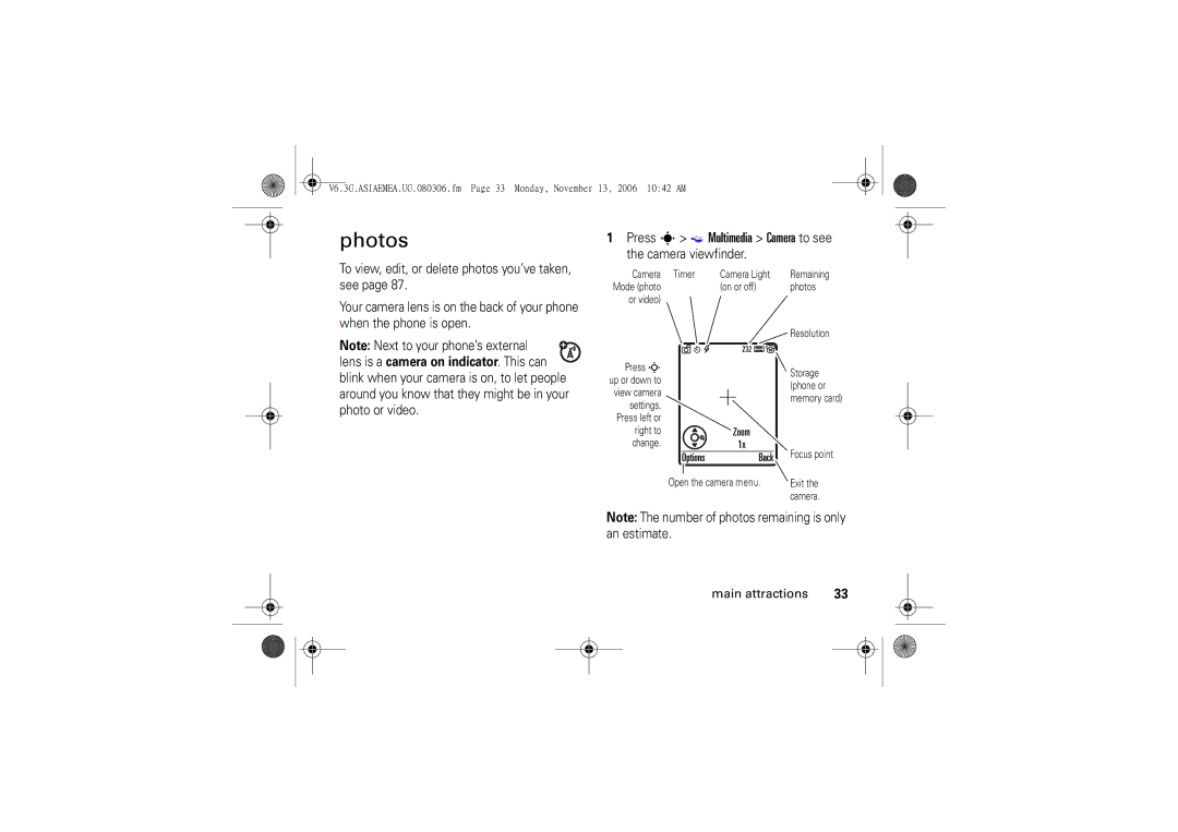 Motorola 6802928J21 user manual Photos, Press s Multimedia Camera to see 