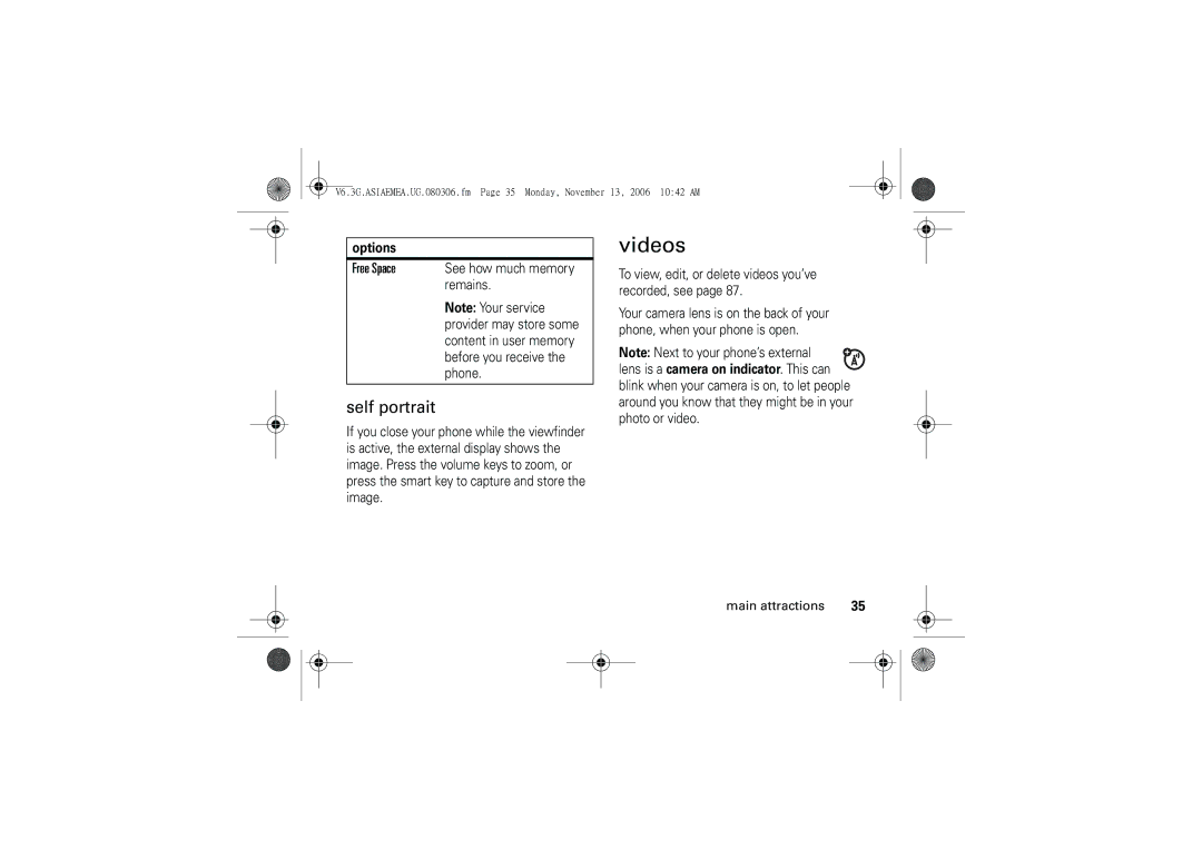 Motorola 6802928J21 user manual Videos, Self portrait, Free Space 