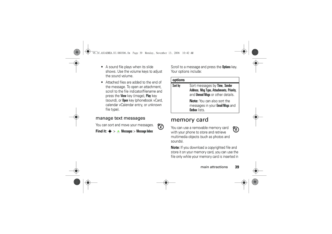 Motorola 6802928J21 user manual Memory card, Manage text messages, Find it s Messages Message Inbox 