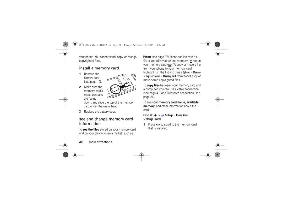 Motorola 6802928J21 Install a memory card, See and change memory card information, To see your memory card name, available 