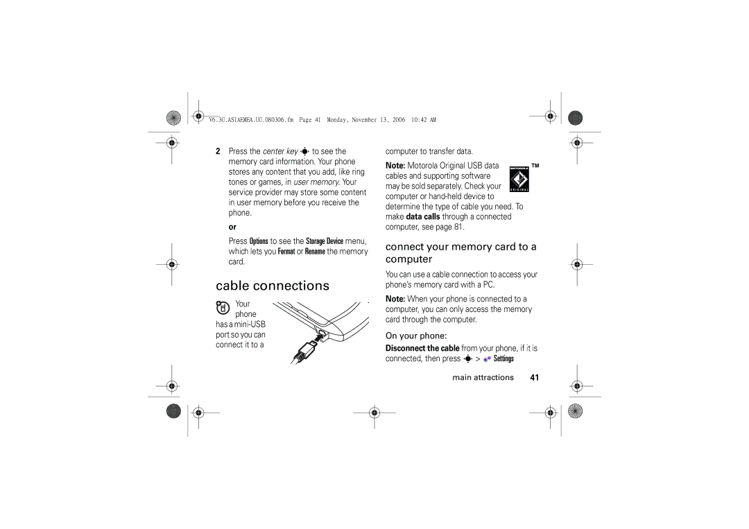 Motorola 6802928J21 user manual Cable connections, Connect your memory card to a computer, On your phone 