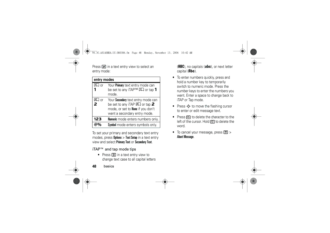 Motorola 6802928J21 user manual Abort Message, ITAP and tap mode tips, Entry modes 