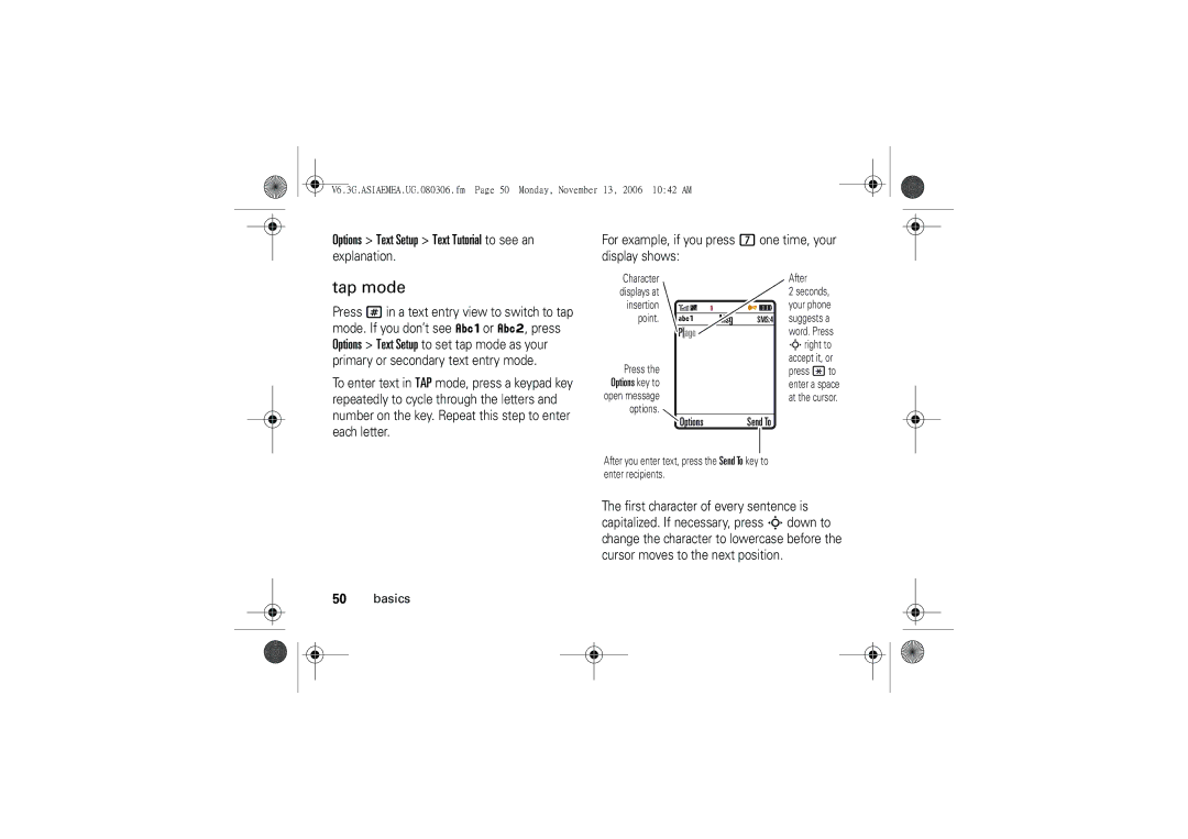 Motorola 6802928J21 user manual Tap mode, Options Text Setup Text Tutorial to see an 