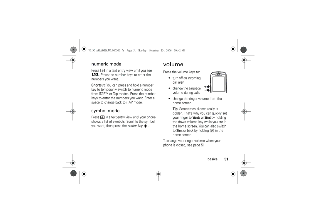 Motorola 6802928J21 user manual Volume, Numeric mode, Symbol mode 