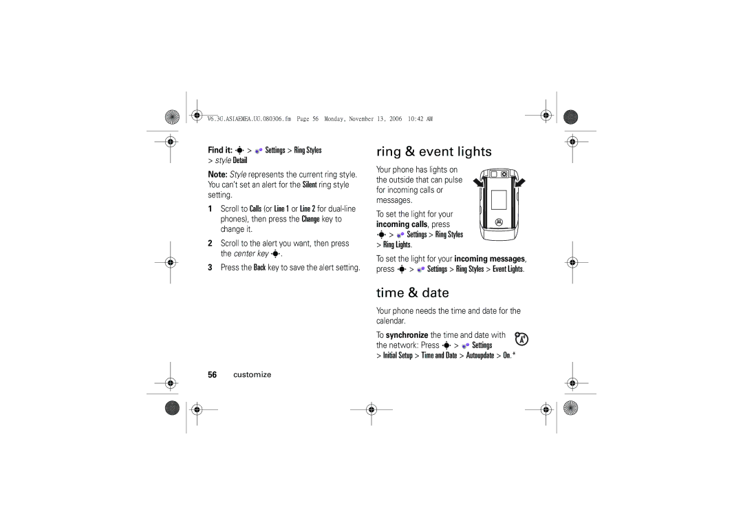 Motorola 6802928J21 user manual Ring & event lights, Time & date, Ring Lights, Initial Setup Time and Date Autoupdate On 