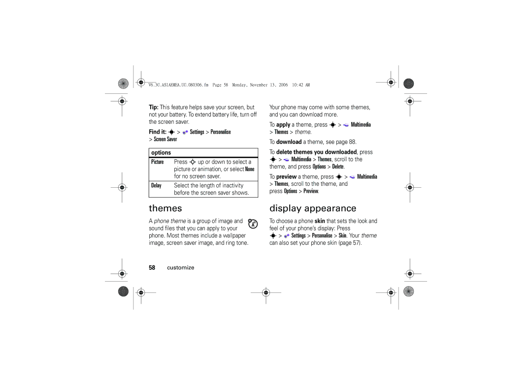 Motorola 6802928J21 user manual Display appearance, Find it s Settings Personalise Screen Saver, Themes theme 