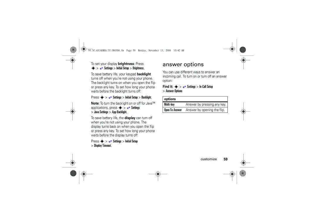 Motorola 6802928J21 Answer options, Java Settings App Backlight, Press s Settings Initial Setup Display Timeout, Multi-key 